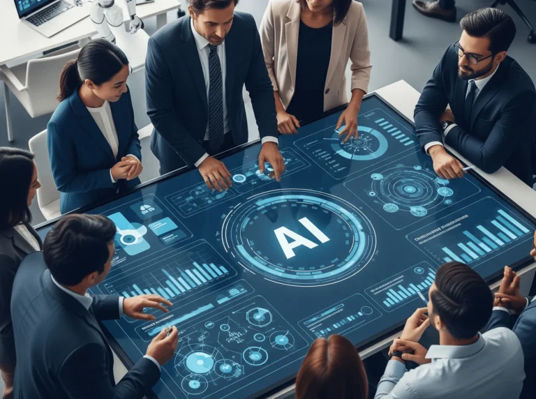 Zespół specjalistów biznesowych zebrany wokół dużego ekranu dotykowego z napisem AI, analizujący wykresy i dane technologiczne.