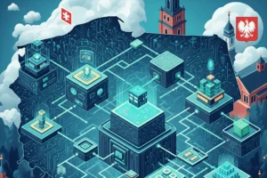 Artystyczna ilustracja mapy Polski przedstawiona jako obwód drukowany z cyfrowymi blokami danych i elementami architektury.