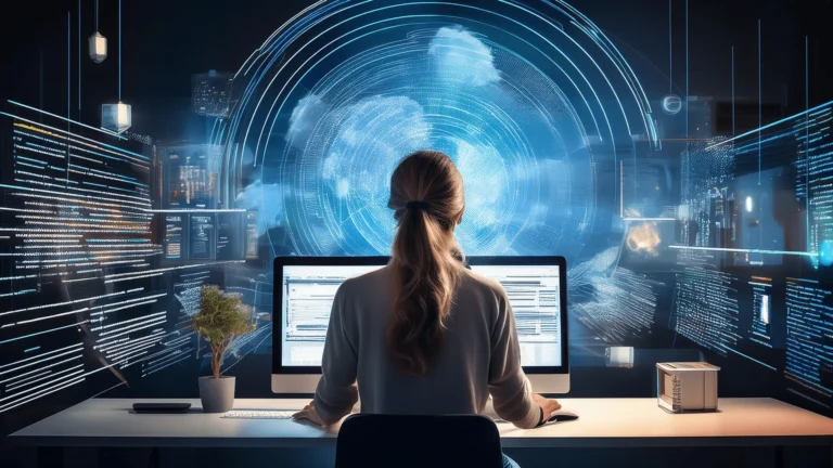 Kobieta siedząca przed monitorem komputera, patrząca na futurystyczną wizualizację danych i cyfrowy glob.