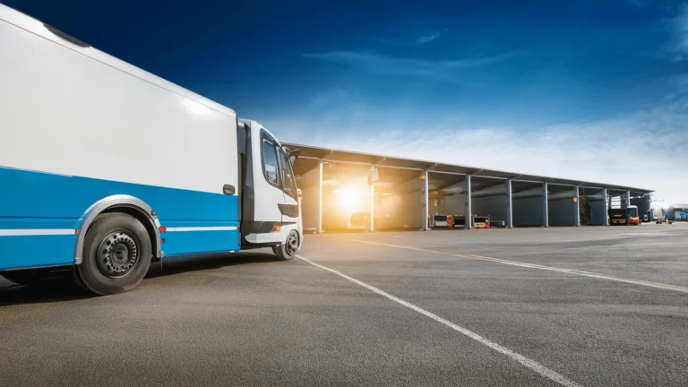 Nowoczesna biało-niebieska ciężarówka zaparkowana na terenie centrum logistycznego przed rzędami ramp magazynowych pod czystym błękitnym niebem.