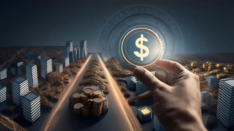 Artystyczna grafika przedstawiająca dłoń trzymającą świecącą monetę z symbolem dolara na tle futurystycznego miasta i stosów monet.