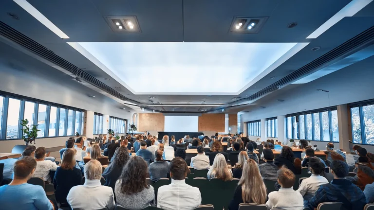 Duża grupa ludzi siedząca w nowoczesnej sali konferencyjnej z jasnym świetlikiem dachowym podczas wykładu lub wydarzenia.
