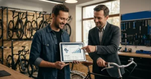 Dwóch mężczyzn w sklepie rowerowym analizuje wykresy wzrostu i dane biznesowe na tablecie.