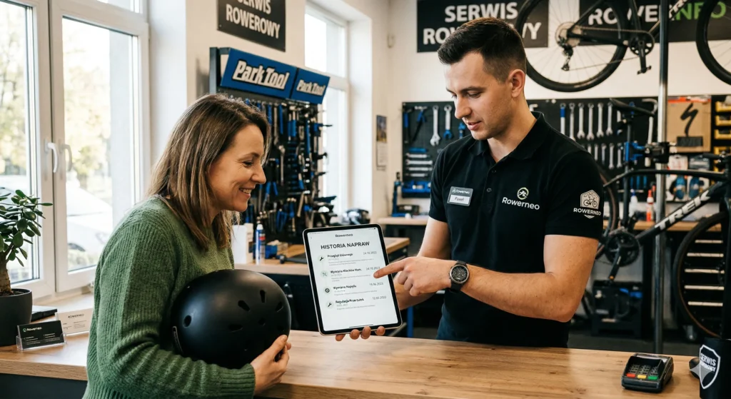 Pracownik serwisu rowerowego Rowerneo pokazuje klientce historię napraw jej roweru na tablecie w profesjonalnym warsztacie.